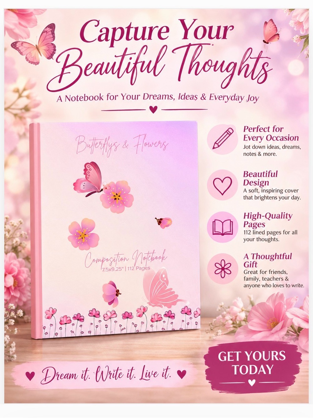 Butterfly & Flowers Pink Composition Notebook